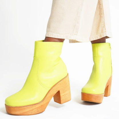 Yellow Platform Round Toe Chunky Heel Zipper Short Clog Boots