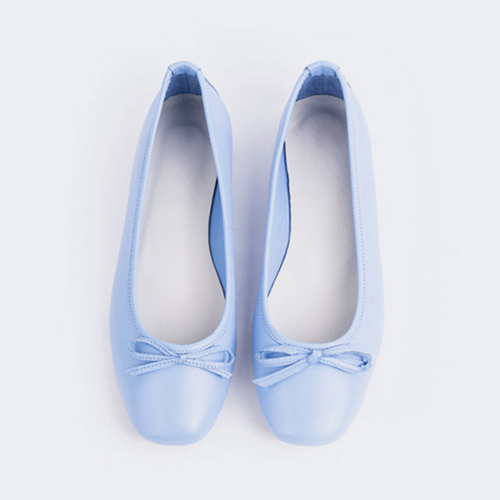 Light Blue Vegan Leather Square Toe Ballet Flats with Bow Tie Details