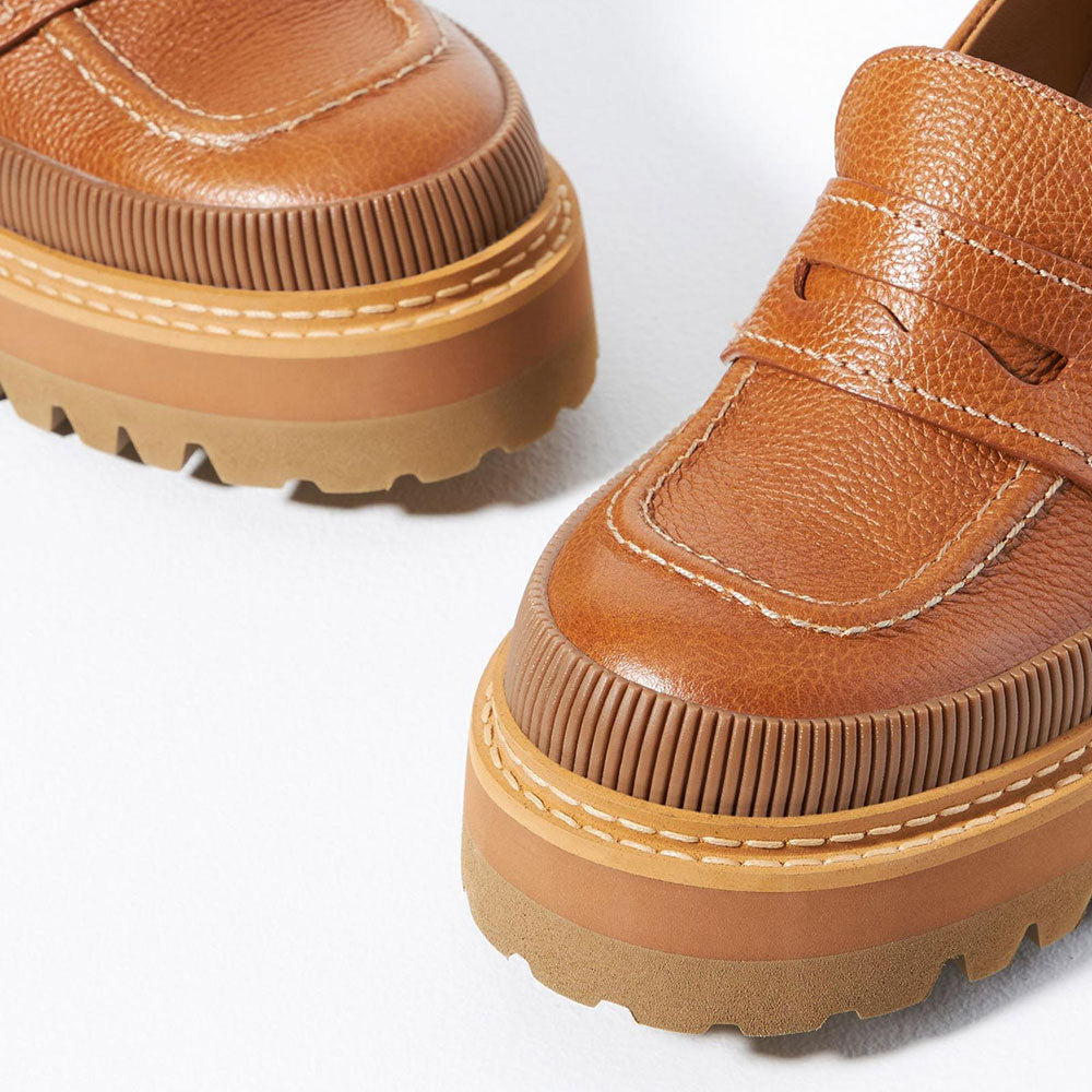 FSJ Brown Round Toe Chunky Heel Platform Loafers for Women