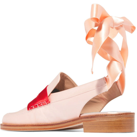 Pink Satin Round Toe Low Heel Wrap Strap Women's Loafers