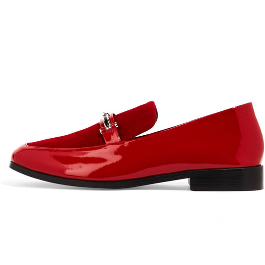 Red Patent Leather Patchwork Square Toe Flat Horsebit Loafers