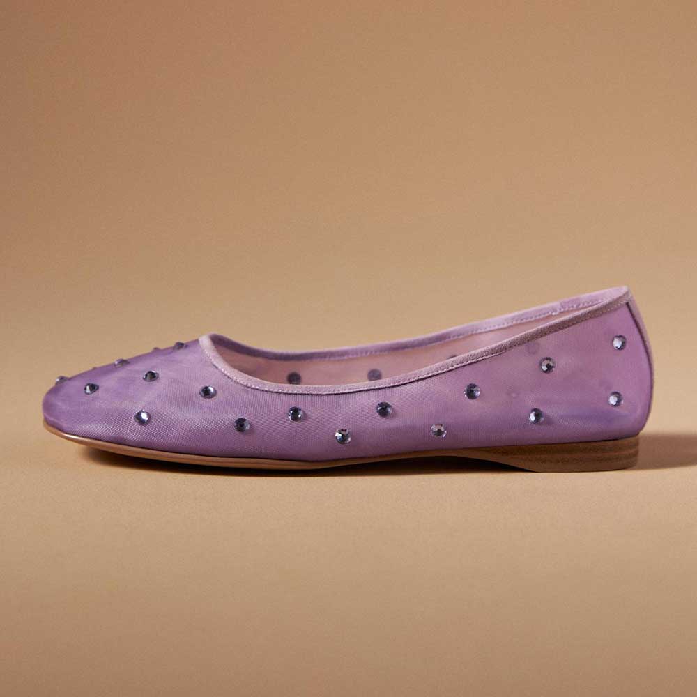 Purple Mesh Sophisticated Rhinestone Embellished Comfy Ballet Flats