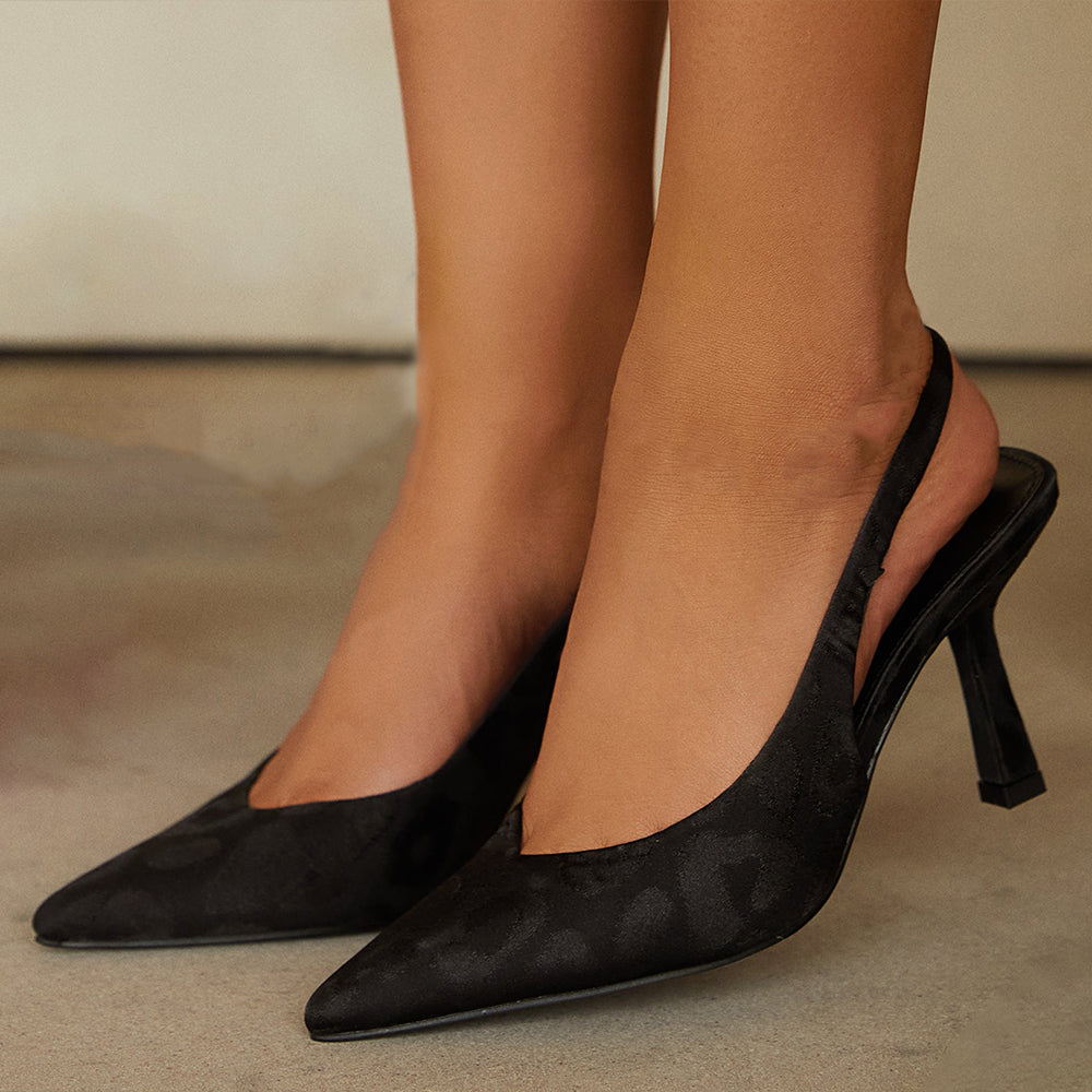 Women's Pointed Toe Flared Heel Elastic Detail Slingback Pumps