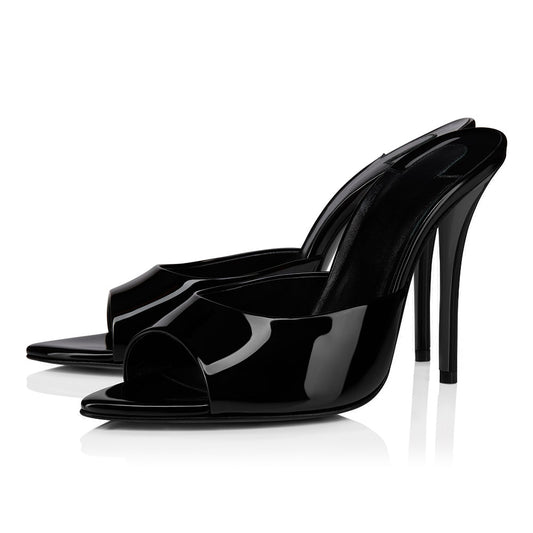 Women's Black Patent Leather Open Toe Slip-On Classic Mule Heels