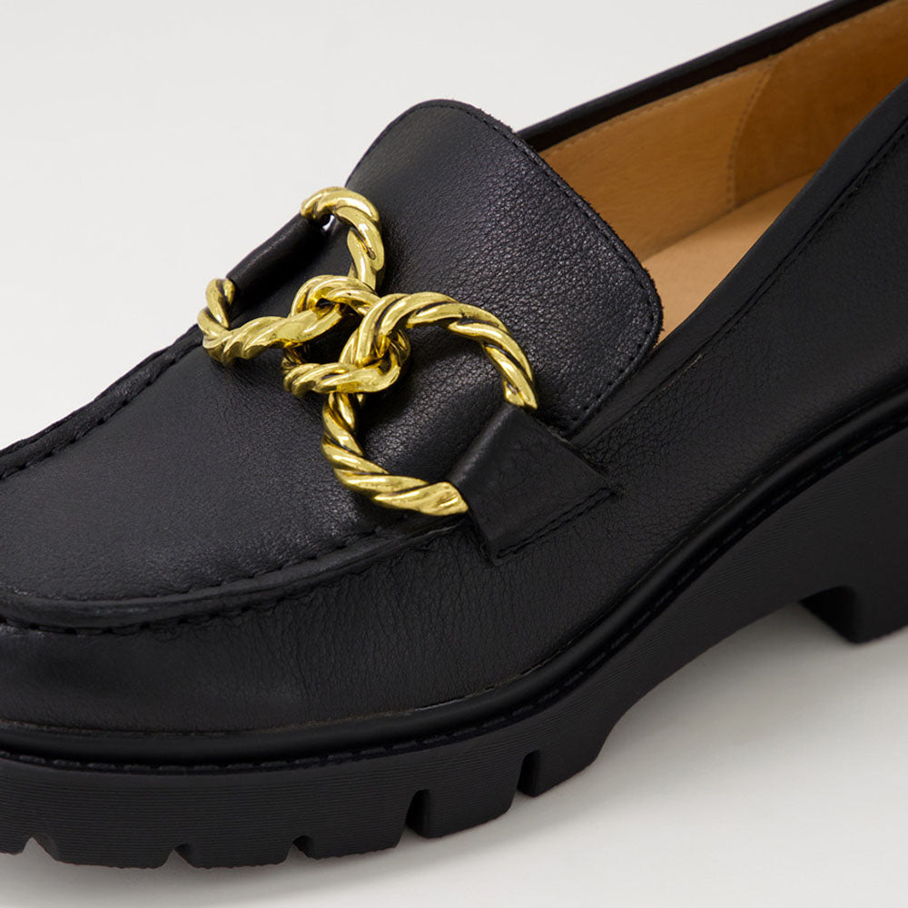 Women's Black Round Toe Chain Platform Loafers with Chunky Heels