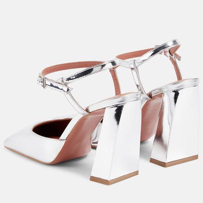 Women's Square Toe Ankle Strap Metallic Silver Pumps with Chunky Heel