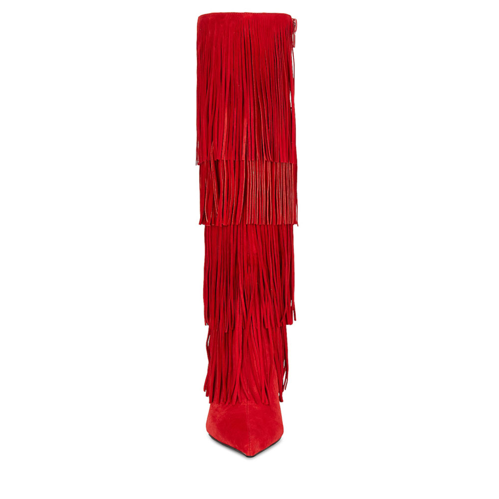 Red Vegan Suede Stiletto Fringe Detail Knee High Boots