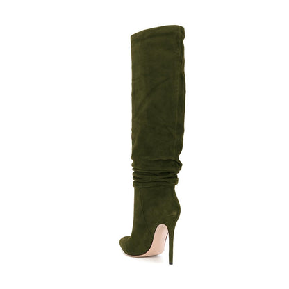 Pointed Toe Vegan Suede Stiletto Slouch Knee High Boots in Dark Green