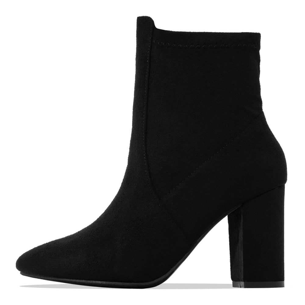 Women's Full Black Vegan Suede Block Heel Ankle Boots in Black