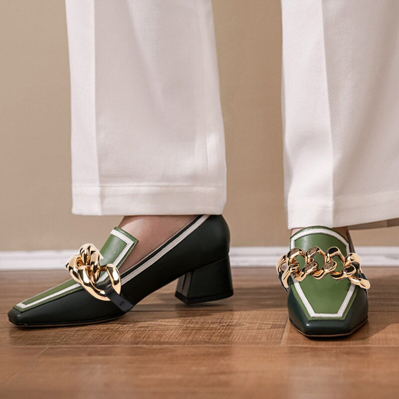 Green Square Toe Chunky Heel Women's Loafers with Gold Chain