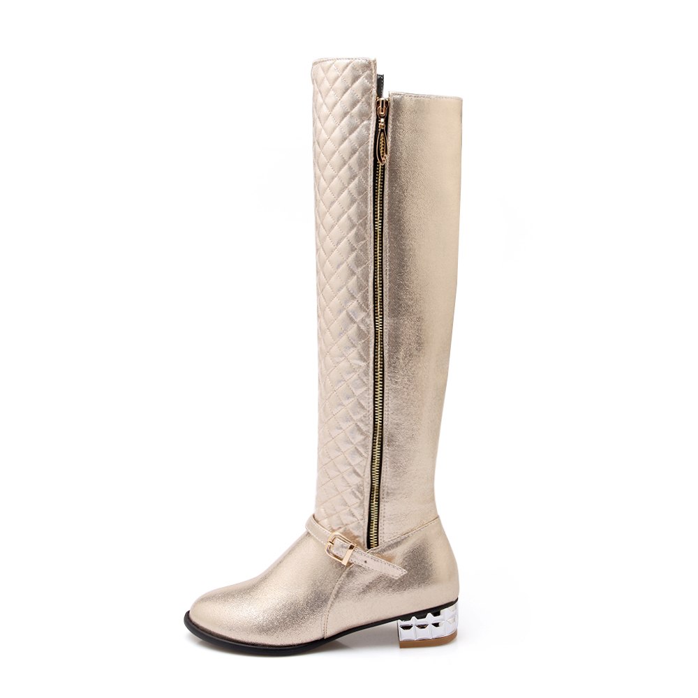 Champagne Round Toe Flats Quilted Zipper Knee High Boots