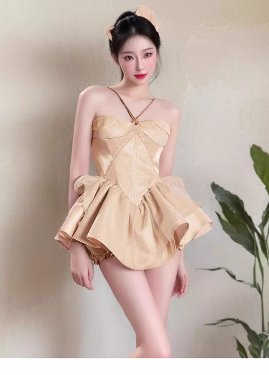 Vintage Golden Halter Dress Design A-line Satin Ruffled Hem Party Dress Homecoming Dress TP3831