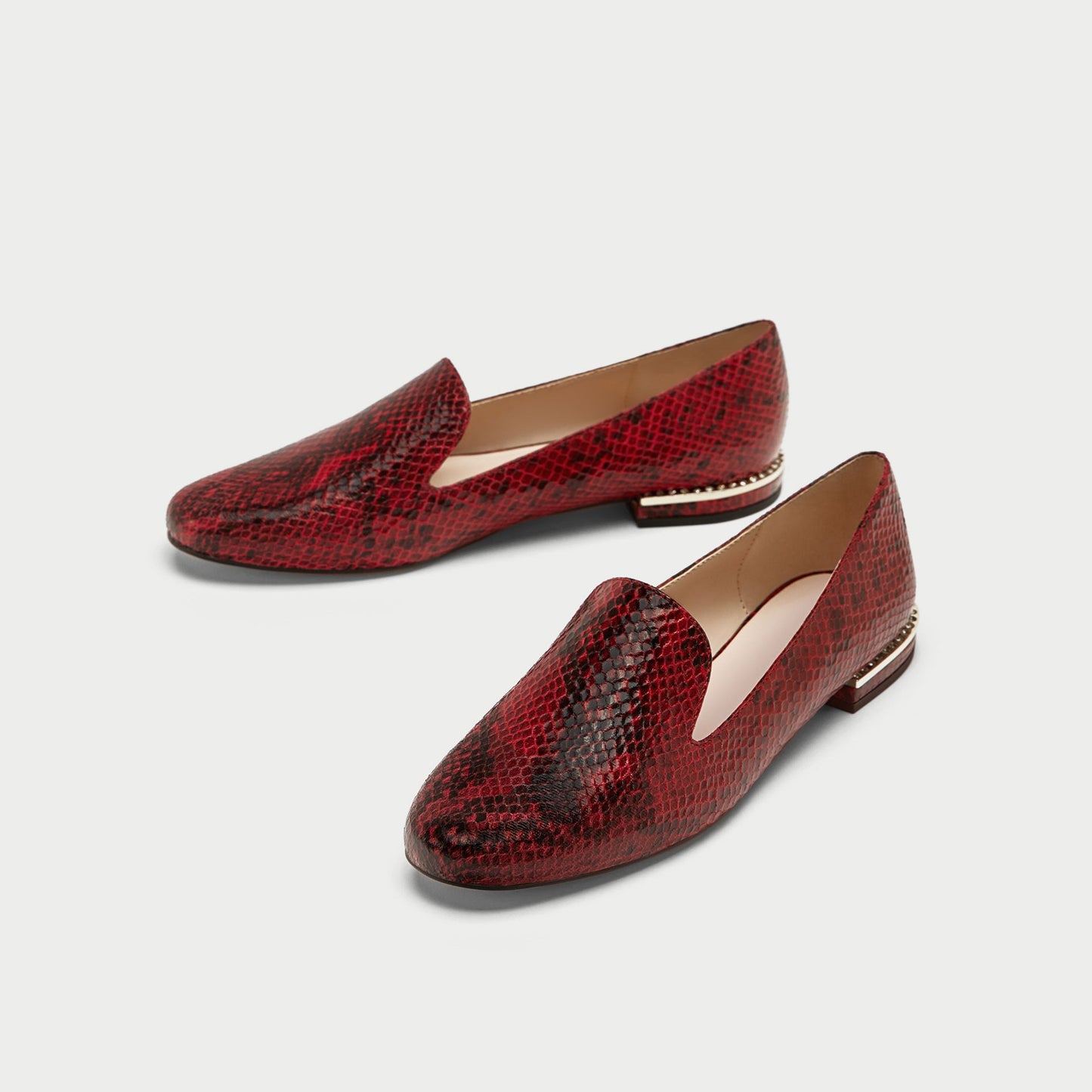 Burgundy Python Loafers for Women Round Toe Flats with Rhinestone