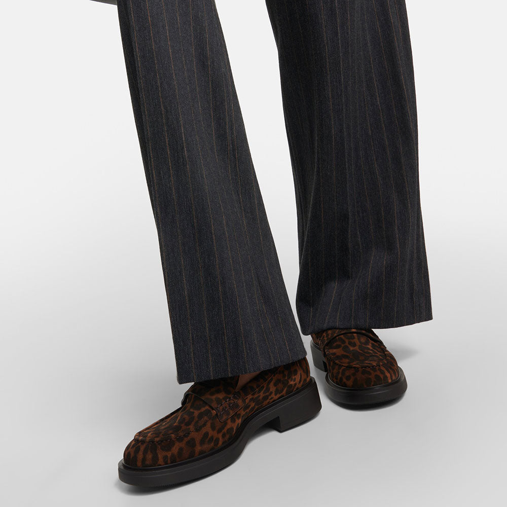 Brown Vegan Suede Leopard Print Flat Penny Loafers for Women