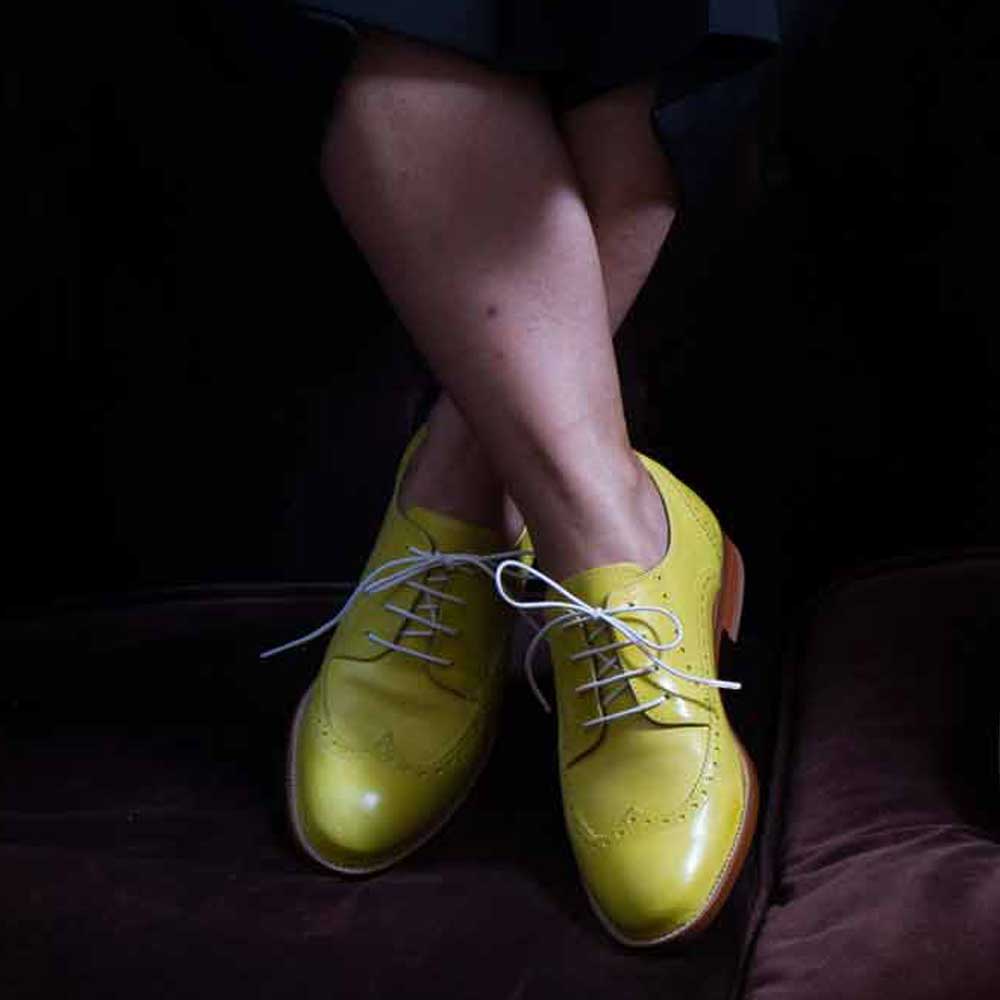 Vibrant Yellow Round Toe Brogues Flats Lace-Up Women's Oxfords