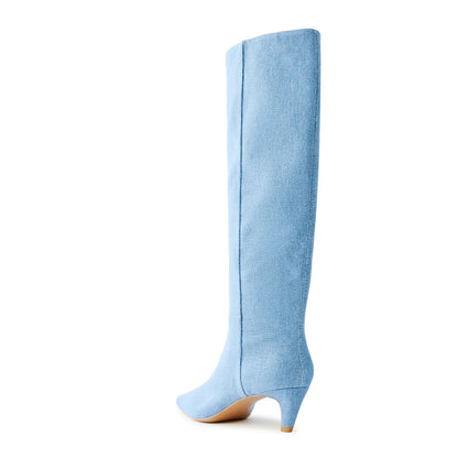 Blue Denim Square Toe Knee High Boots for Women with Kitten Heel