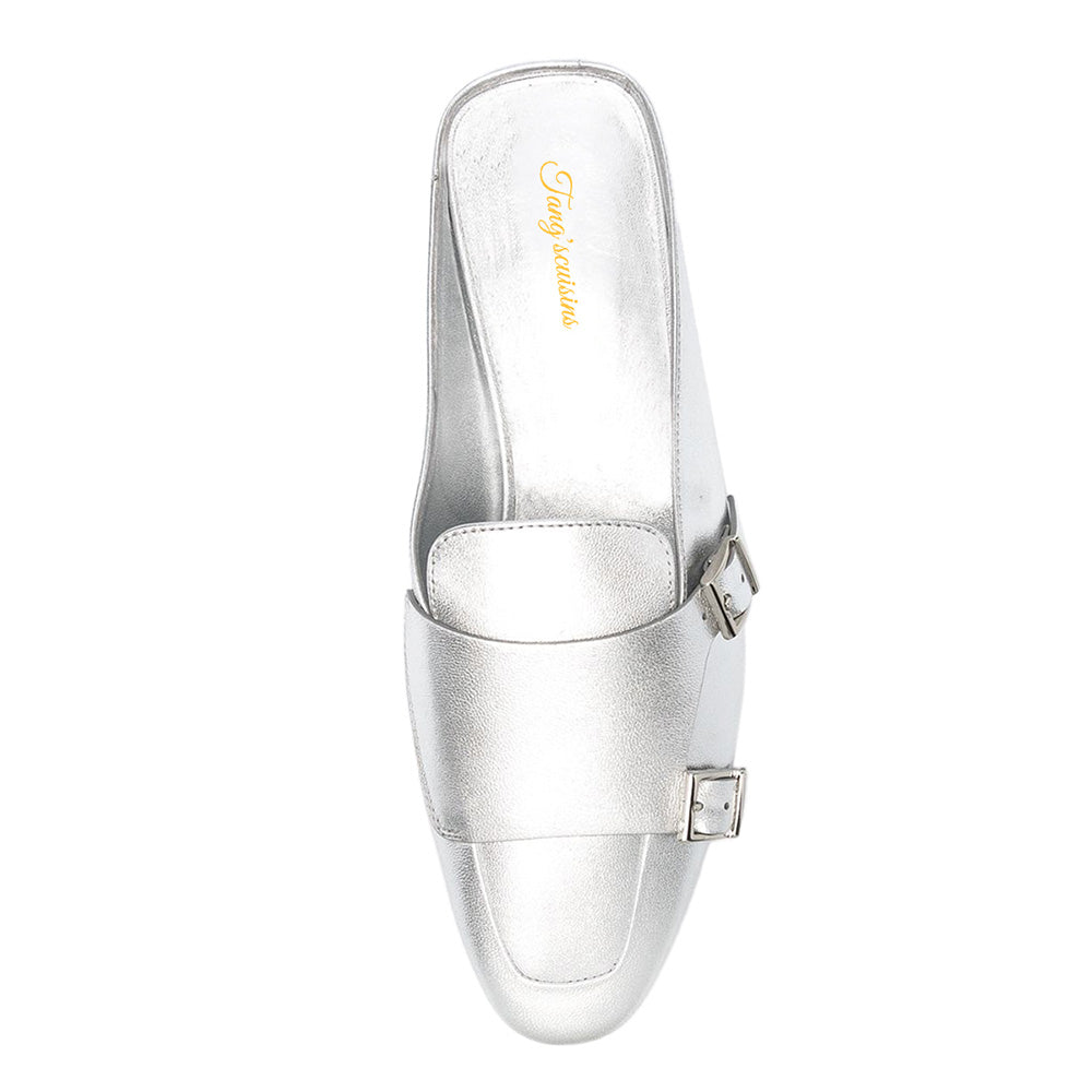 Women's Elegant Silver Round Toe Flat Mules Shoes with Buckle