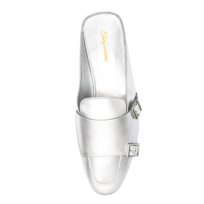 Women's Elegant Silver Round Toe Flat Mules Shoes with Buckle