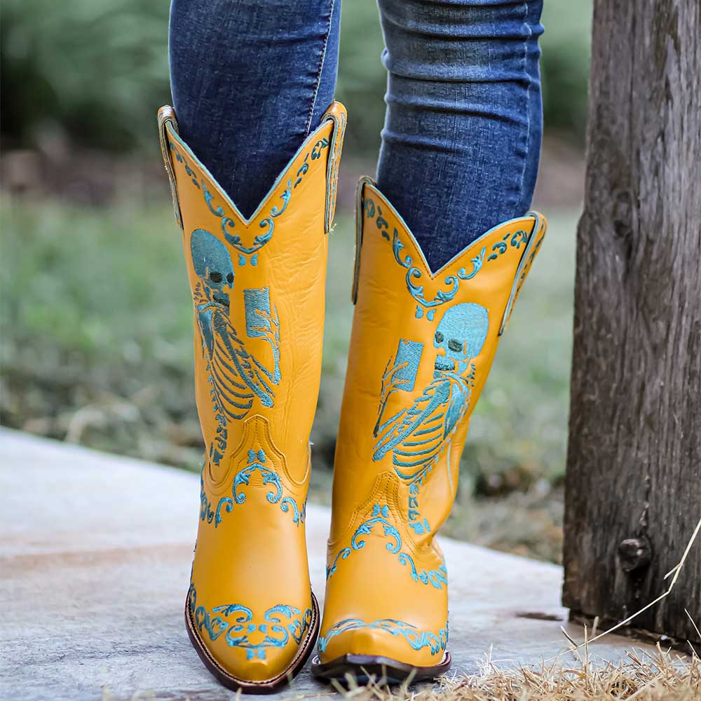 Yellow Chunky Heel Skeleton Embroidered Cowgirl Boots for Women