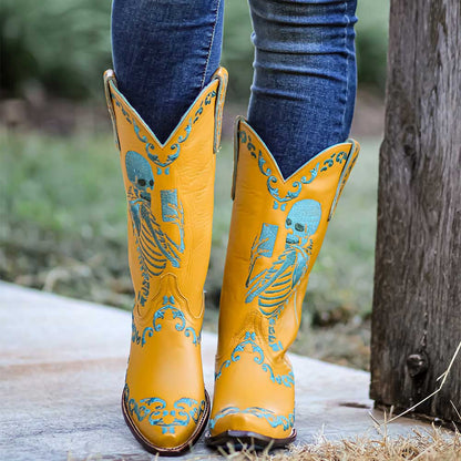 Yellow Chunky Heel Skeleton Embroidered Cowgirl Boots for Women