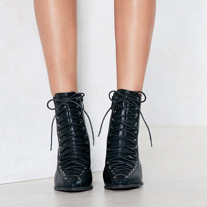 Black Faux Leather Chunky Heel Pointed Toe Lace Up Ankle Boots