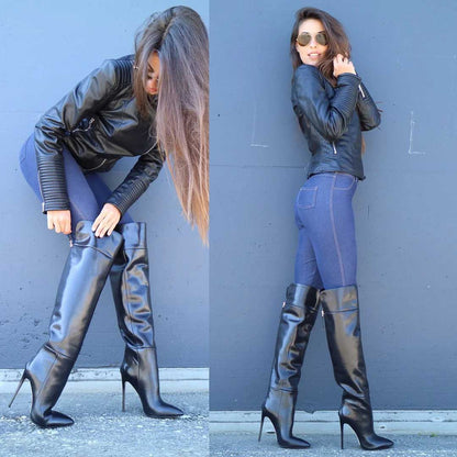 Black Pointed Toe Stiletto Heel Back Zip Up Knee High Boots for Women