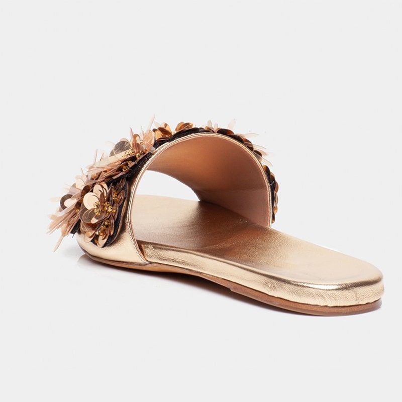 Gold Sequined Flats Women's Slide Sandals