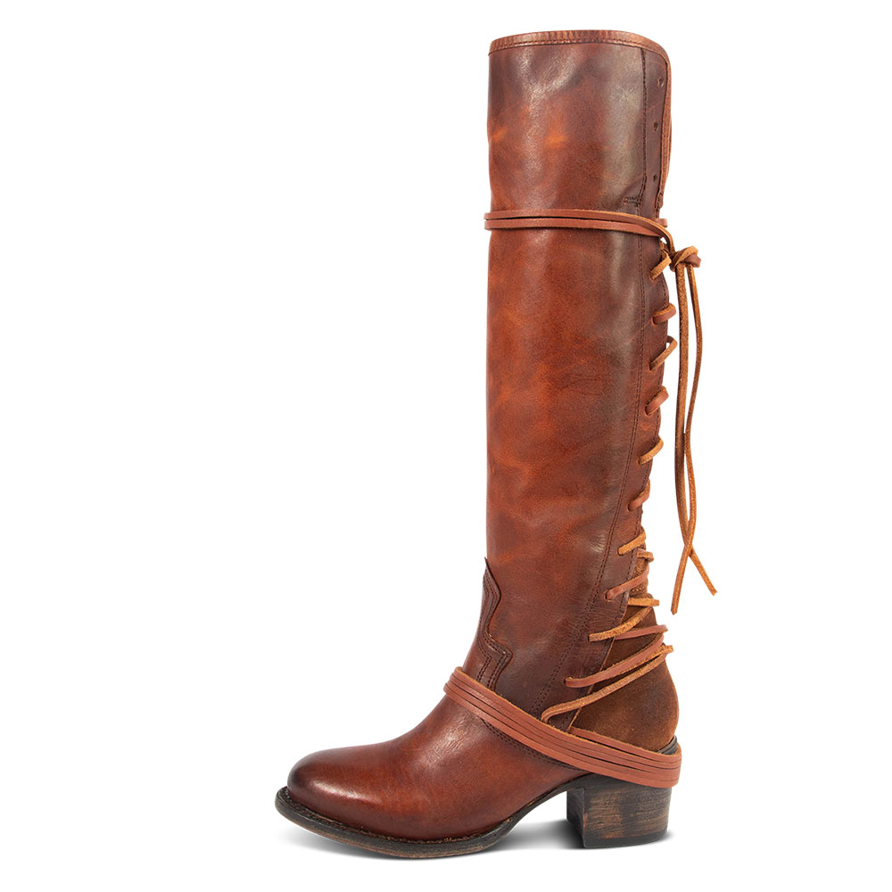 Brown Round Toe Chunky Heel Lace Up Vintage Knee High Boots