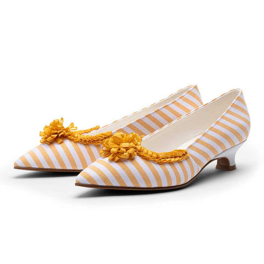 Orange & White Striped Floral Pleated Trim Pointed Toe Pumps Heels