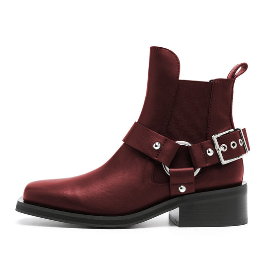 Adjustable Buckle Strap Square Toe Block Heeled Ankle Boots in Maroon