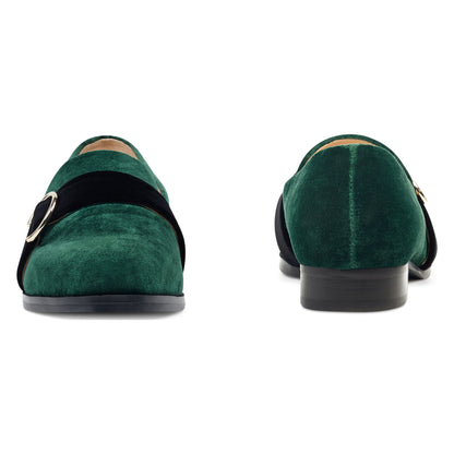 Green Almond Toe Buckled Flats Loafers for Women