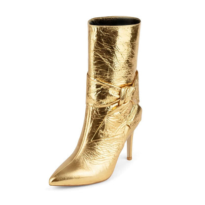 Gold Bow Stiletto Heel Pointed Toe Mid Calf Boots