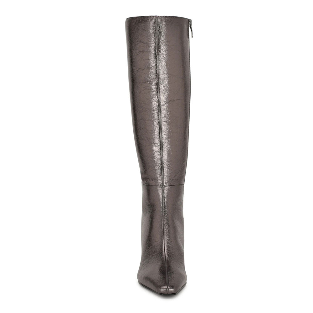 Gray Metallic Finish Square Toe Side Zipper Knee High Boots