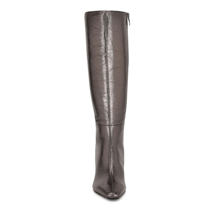 Gray Metallic Finish Square Toe Side Zipper Knee High Boots
