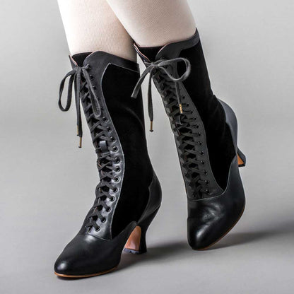 Vintage Black Closed-Toe Spool Heel Lace-Up Mid Calf Boots for Women