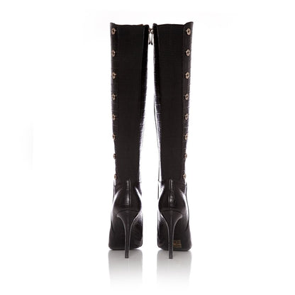 Black Croco Vegan Leather Long Boots Metal Button Knee High Boots
