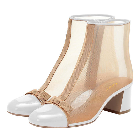 White & Nude Mesh Patchwork Bow Block Heeled Ankle Boots with Zipper