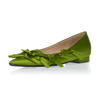 Elegant Green Satin Bow Pointy Toe Slip-On Comfortable Flats
