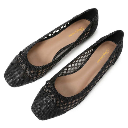 Chic Black Woven Square Toe Hollow Out Ballet Flats with Bow
