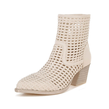 Beige Woven Pointed Toe Block Heel Zipper Ankle Boots for Women