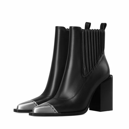 Women's Black Chunky Heel Silver Cap Toe Side Zip Ankle Boots