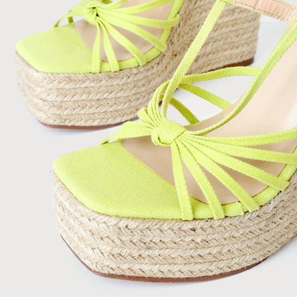 Yellow Open Toe Wedge Heel Lace Up Platform Sandals with Knot