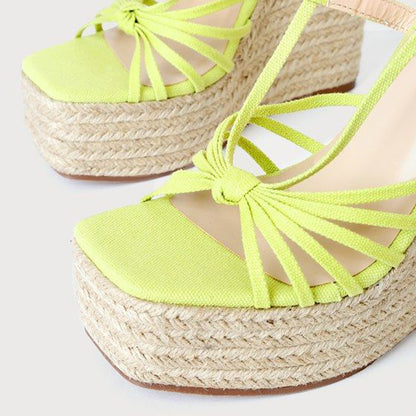 Yellow Open Toe Wedge Heel Lace Up Platform Sandals with Knot