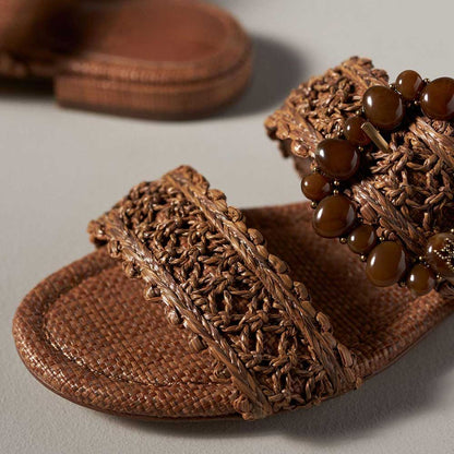 Brown Vegan Leather Round Toe Flat Buckle Strappy Comfy Slippers