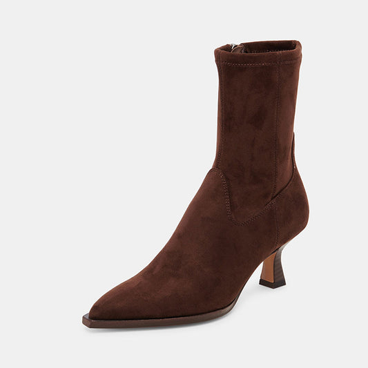 Women's Pointed Toe Spool Heel Zipper Mid Calf Boots in Brown