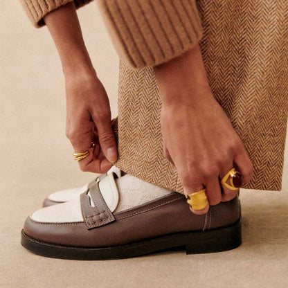 Brown and White Round Toe Loafers Office Casual Shoes for Women