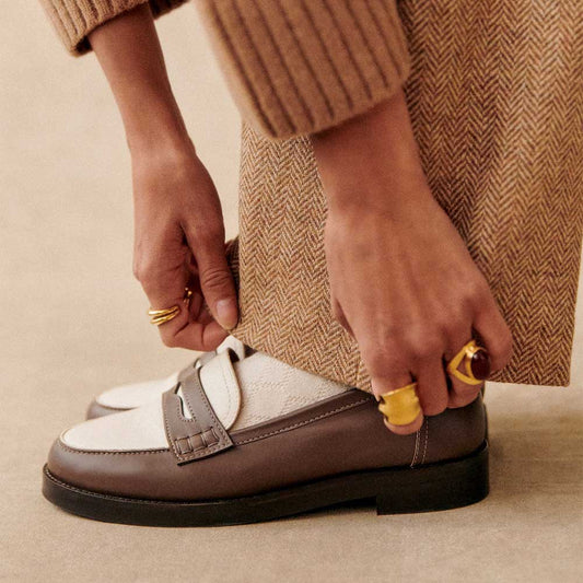 Brown and White Round Toe Loafers Office Casual Shoes for Women