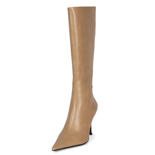 Tan Pointed Toe Stiletto Heel Pull-On Wide Calf Knee High Boots