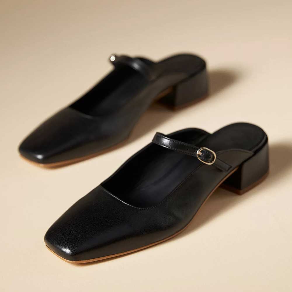 Black Vegan Leather Square Toe Lady's Formal Backless Mary Jane Flats