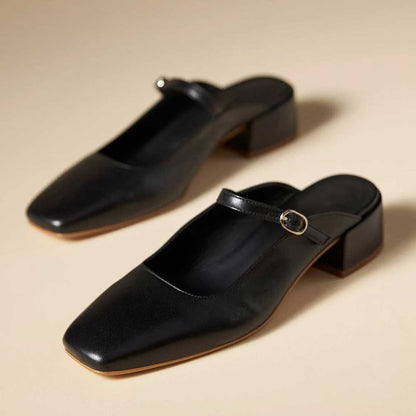 Black Vegan Leather Square Toe Lady's Formal Backless Mary Jane Flats